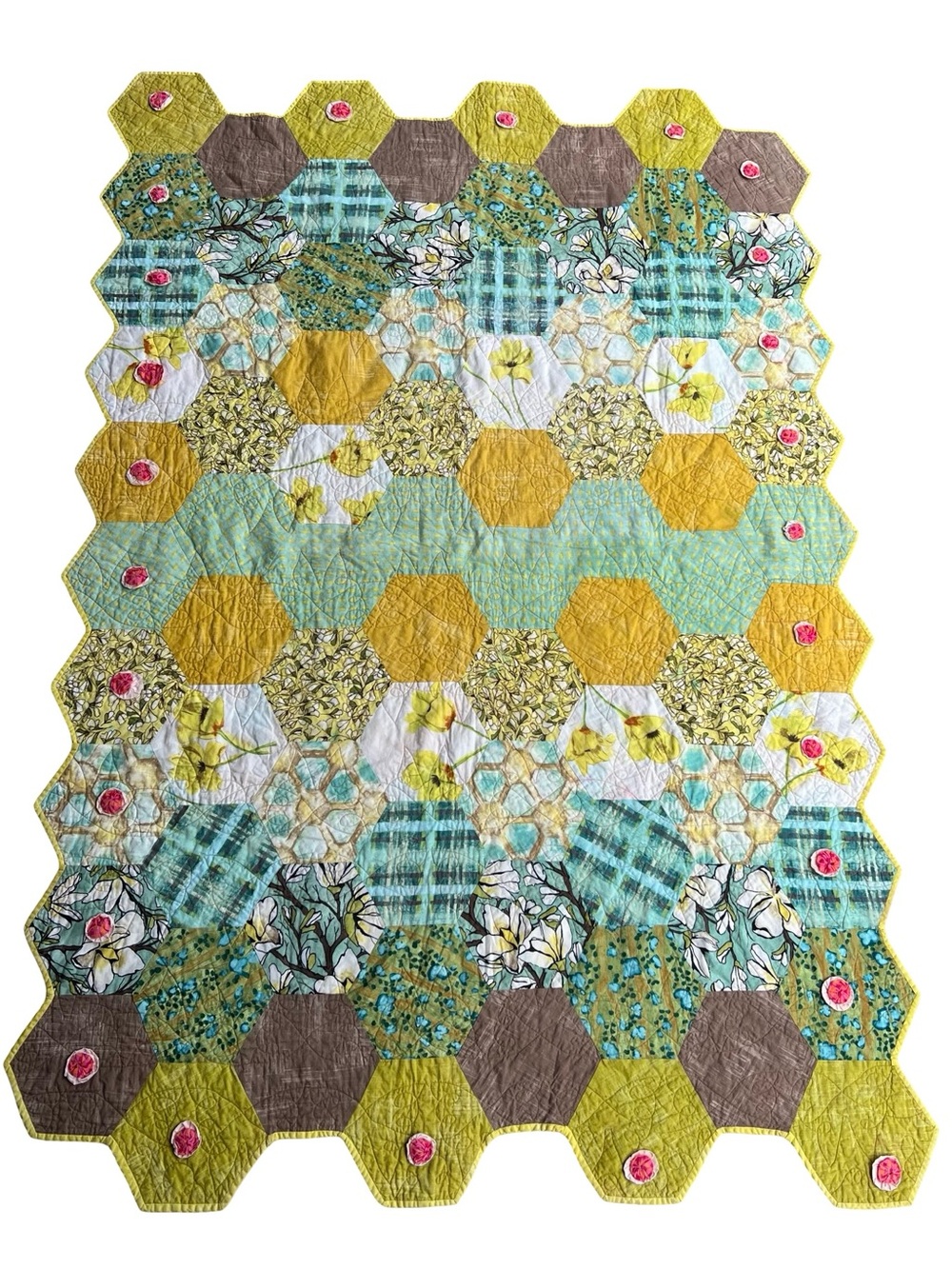 Handmade Modern Hexagon Floral Quilt Throw Blanket 76x51 Cottagecore Boho Quilt - Picture 2 of 9